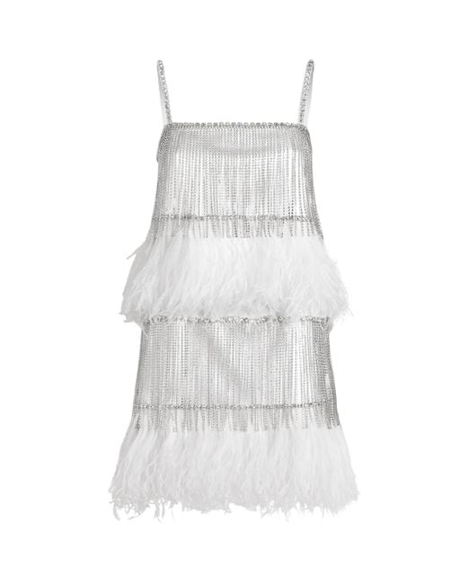 Dolce & Gabbana White Silk-Blend Rhinestone Feather Mini Dress