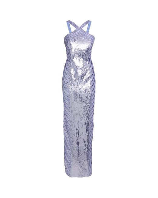 Pamella Roland Purple Sequinned Embellished Halterneck Gown