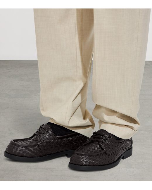 Bottega Veneta Black Leather Intrecciato Lace-Up Loafers for men