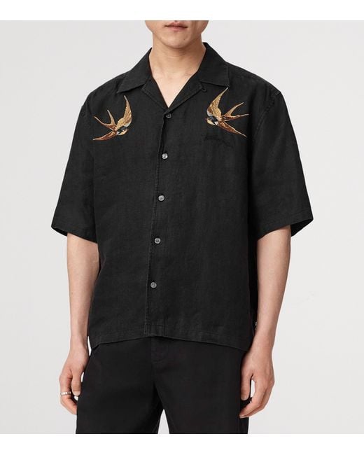 AllSaints Black Linen Embroidered Avia Shirt for men