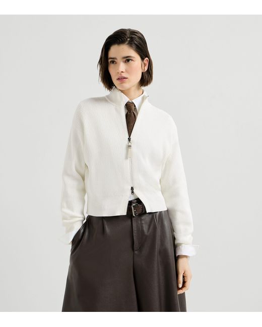 Brunello Cucinelli White Cotton Zip-Front Cardigan
