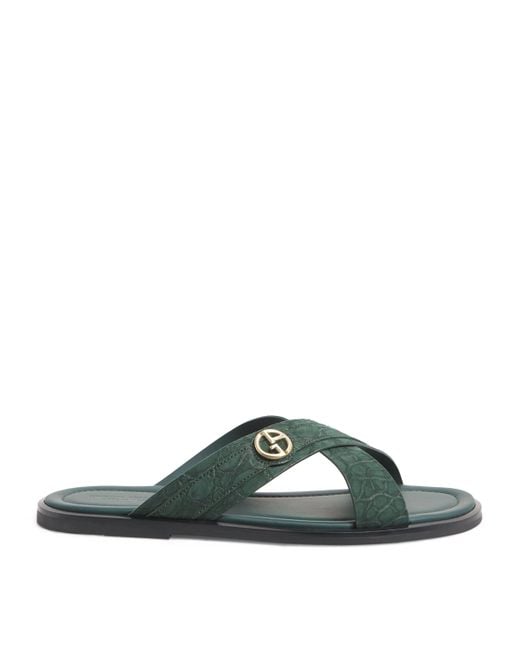 Giorgio Armani Green Caiman Leather Cross Sandals for men