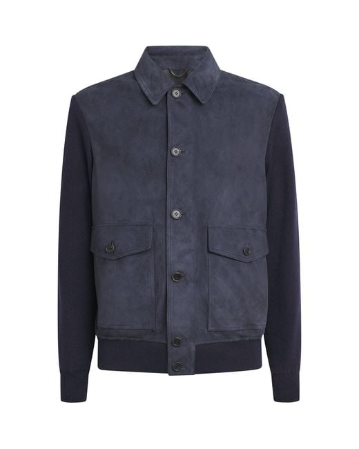 FIORONI CASHMERE Blue Suede Bomber Jacket for men