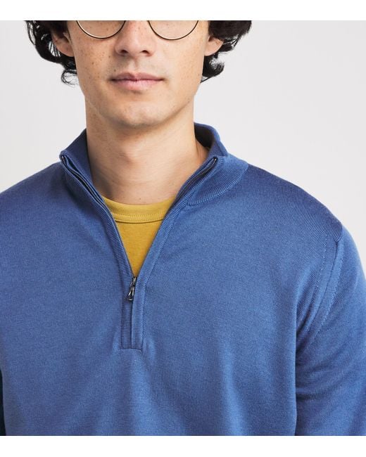 John Smedley Blue Extra Fine Merino Wool Half-Zip Tapton Sweater for men