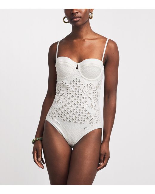 Zimmermann White Embroidered Indra Strapless Swimsuit