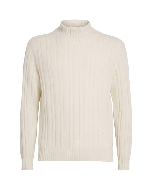 Isaia White Cashmere Rib Mock-Neck Sweater for men
