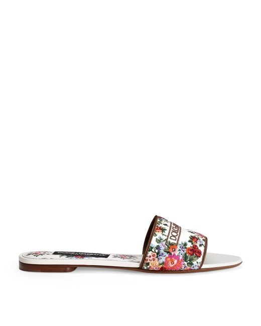 Dolce & Gabbana White Leather Embroidered Floral Slides