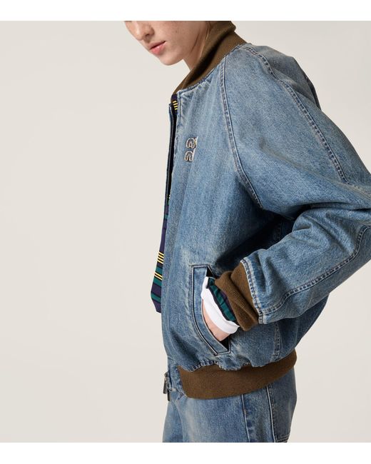 Miu Miu Blue Denim Logo Bomber Jacket