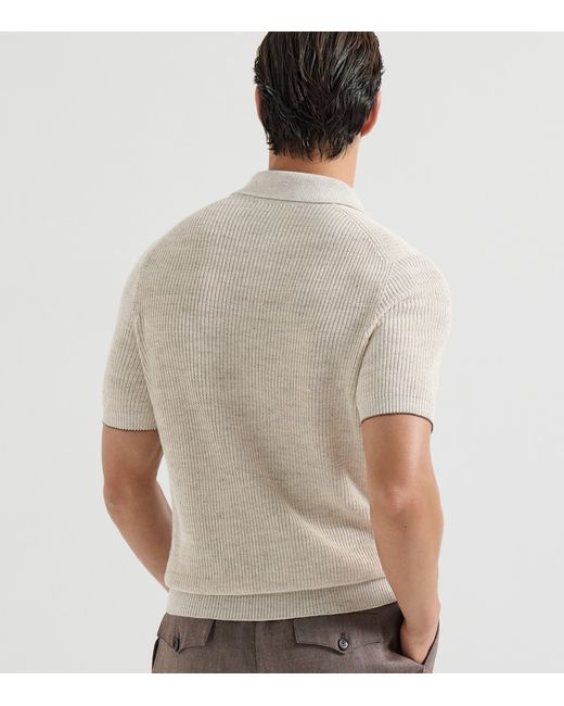 Brunello Cucinelli White Linen-Cotton Knitted Polo Sweater for men