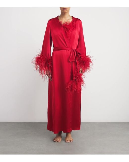 Gilda & Pearl Red Silk-Ostrich Feather Long Robe