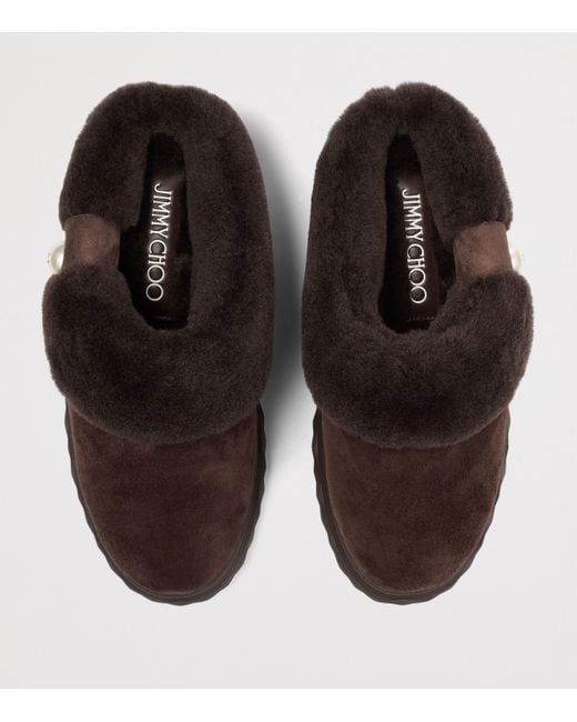 Jimmy Choo Brown Diamond Maxi Suede-Shearling Mules