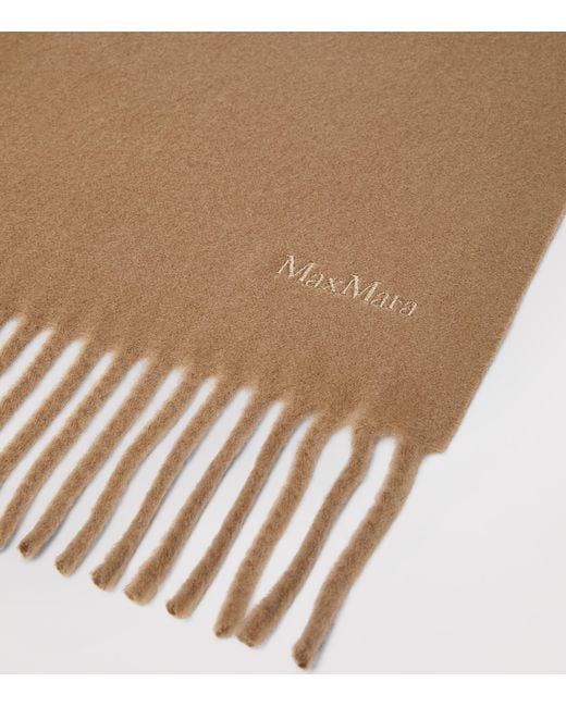 Max Mara Brown Wool Fringed Logo Scarf
