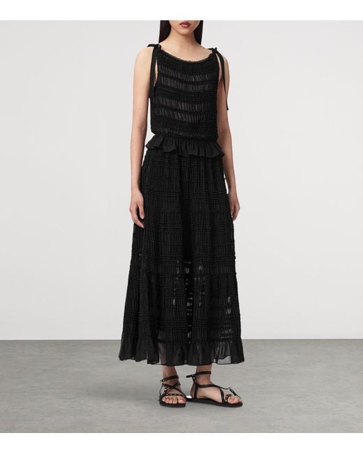 AllSaints Black Shirred Lotus Maxi Skirt