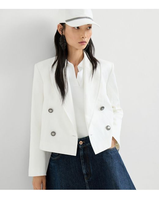 Brunello Cucinelli White Cotton-Paper Yarn Cropped Blazer