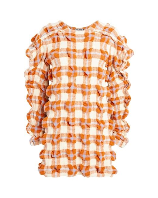 Issey Miyake Orange Wool-blend Rhythm Check Mini Dress