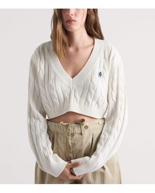 Prada White Cotton Cable-Knit Logo Sweater