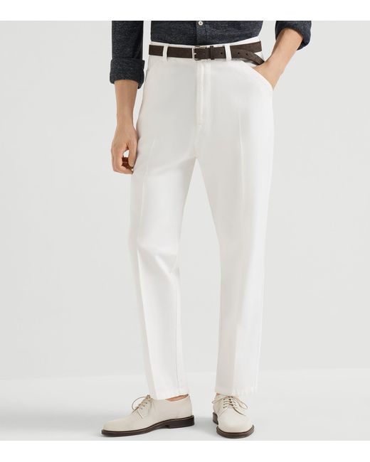 Brunello Cucinelli White Cotton Gabardine Tailored Trousers for men