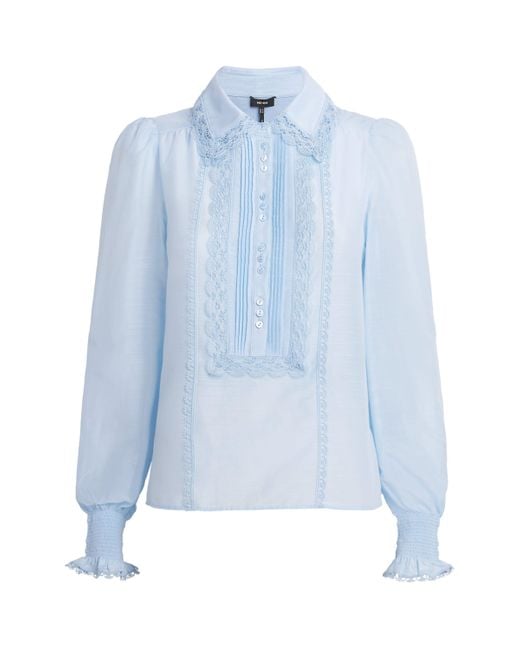 ME+EM Blue Silk-Cotton Lace-Trim Blouse