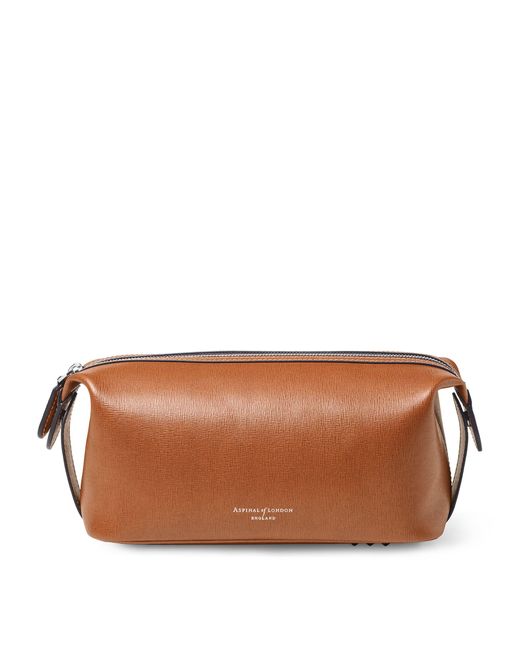 Aspinal Brown Leather Mount Street Wash Bag for men