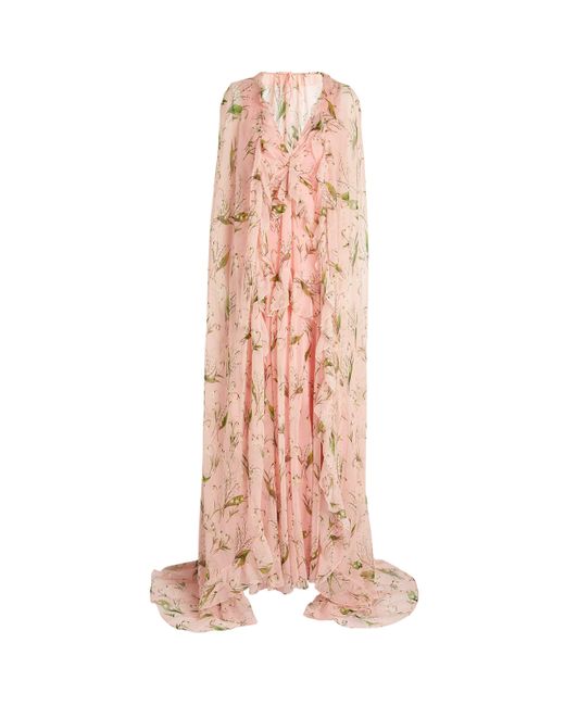 Carolina Herrera Pink Floral V-Neck Gown With Detachable Cape