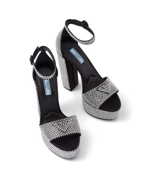Prada Crystal-Embellished Platform Sandals 135 in Black | Lyst UK