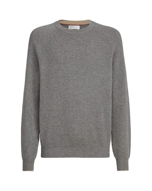 Brunello Cucinelli Gray Cashmere Ribbed Sweater for men
