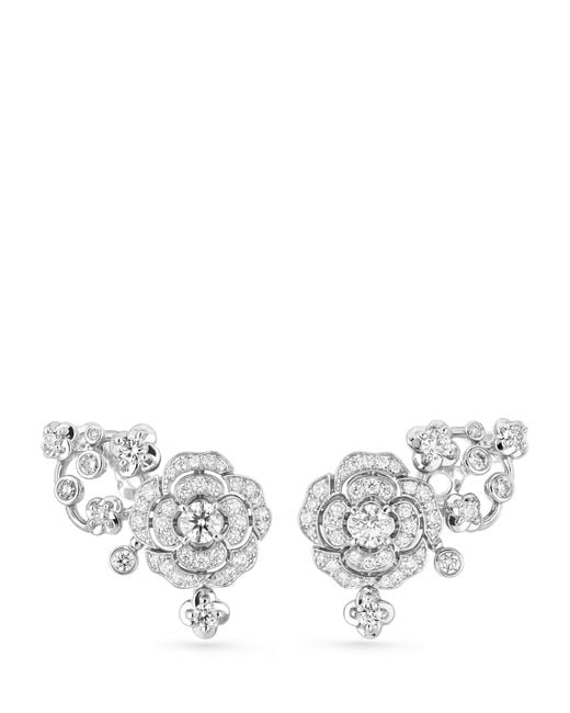 Chanel Metallic And Diamond Bouton De Camélia Crawling Earrings