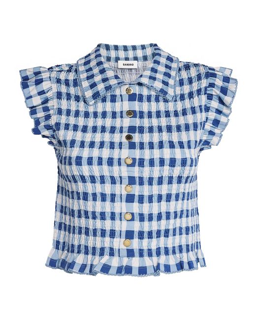 Sandro Blue Gingham Smocked Top