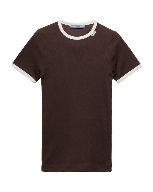 Prada Brown Contrast-Trim Ribbed T-Shirt