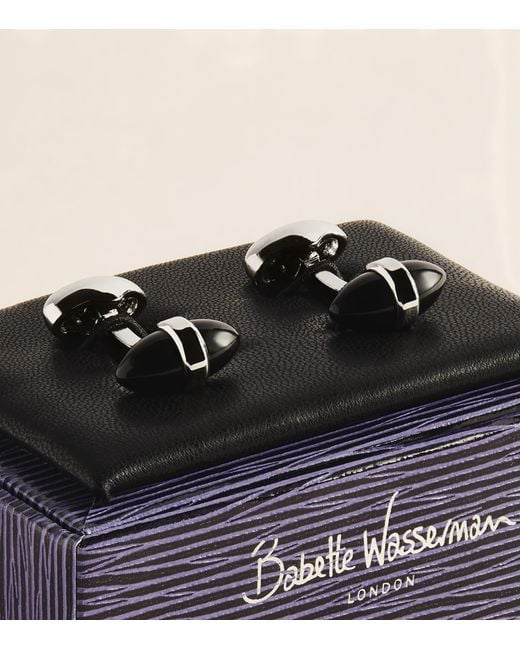 Babette Wasserman Black Rhodium-Plated Onyx Sleek Bullet Cufflinks for men