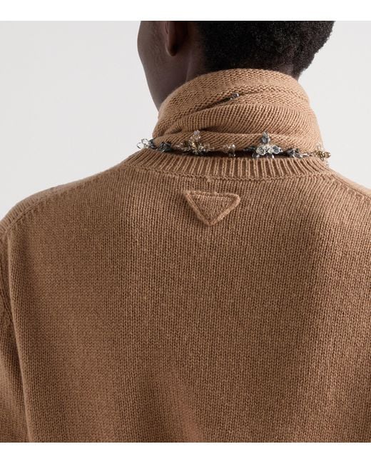 Prada Brown Cashmere Embellished Scarf-Detail Sweater