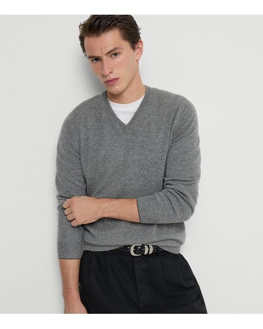 Brunello Cucinelli Gray Cashmere V-Neck Sweater for men