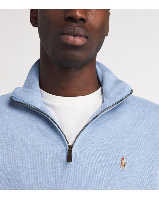 Polo Ralph Lauren Blue Cotton Logo Quarter-Zip Sweater for men