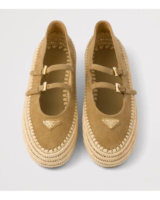 Prada Natural Leather And Raffia Ballet Flats