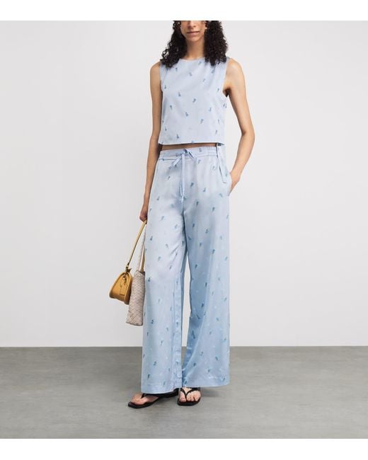 Claudie Pierlot Blue Satin Floral Wide-Leg Trousers