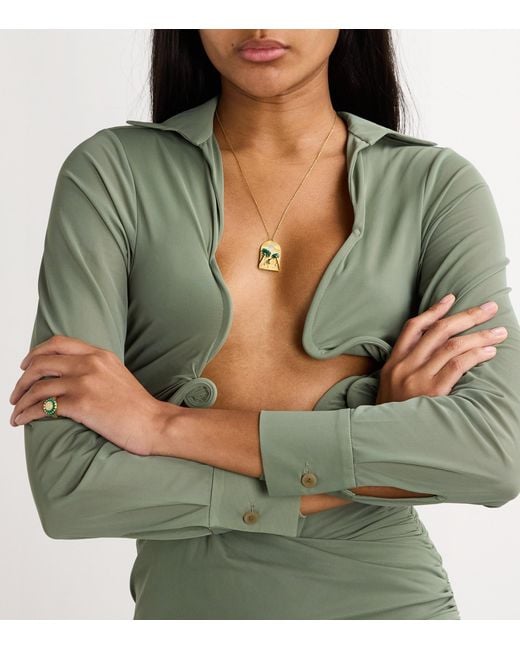 L'Atelier Nawbar Metallic Diamond And Malachite Biladi Palm Necklace