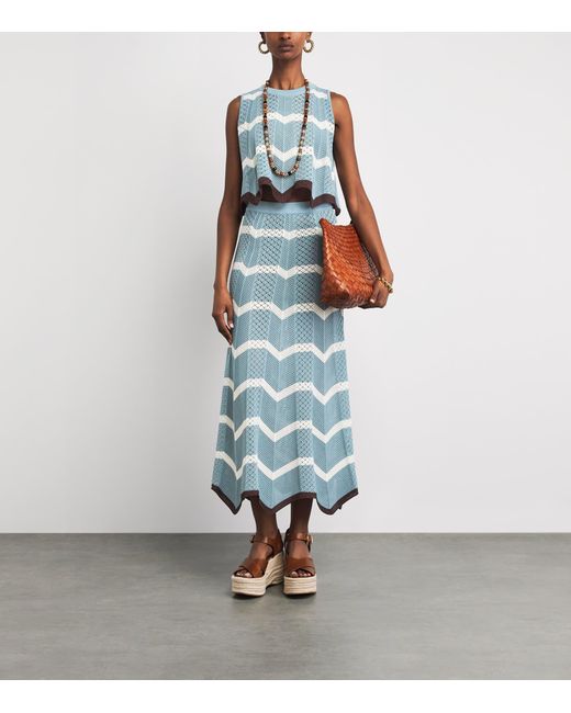 LaDoubleJ Blue Cotton Chevron Midi Skirt