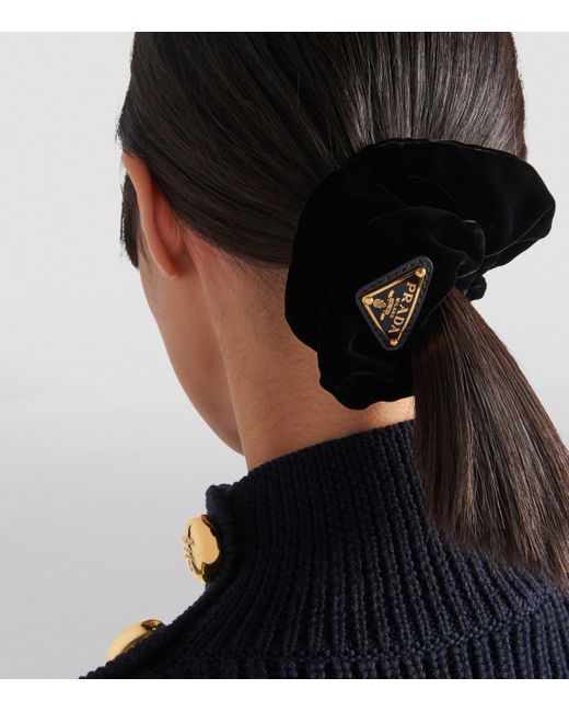 Prada Black Cotton-Velvet Logo Scrunchie
