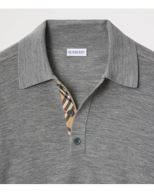 Burberry Gray Wool Check-Detail Long-Sleeve Polo Shirt for men