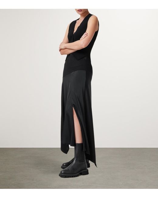 AllSaints Black Satin Pia Midi Skirt