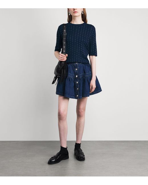 Maje Blue Cotton-Blend Rhinestone Sweater