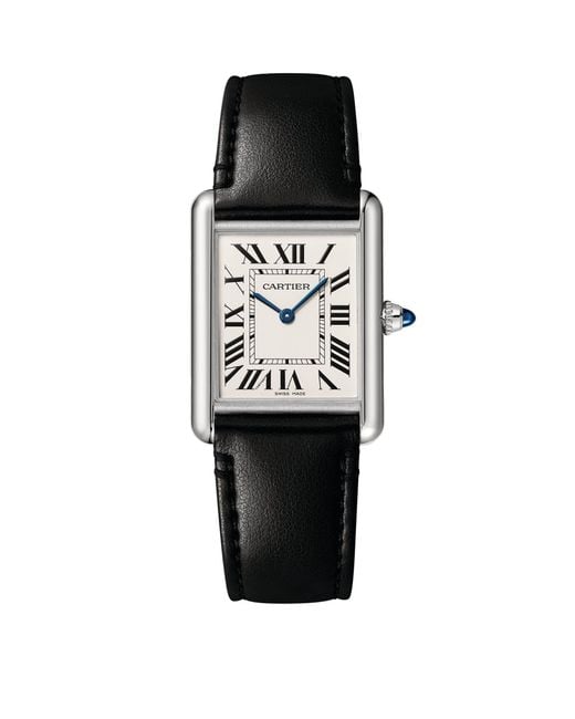 Cartier Black Stainless Steel Tank Must Watch With Vegan Leather Strap 25.5mm