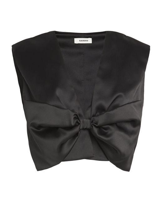Sandro Black Satin Bow Cropped Top