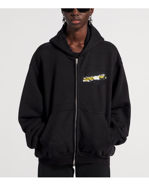 Balenciaga Black Cotton Spray Logo Zip-Up Hoodie