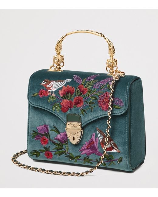 Aspinal Blue Midi Velvet Floral Embroidered Mayfair Bag