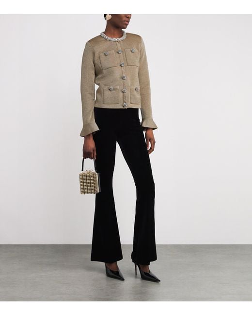 Self-Portrait Green Metallic Knitted Embellished Cardigan