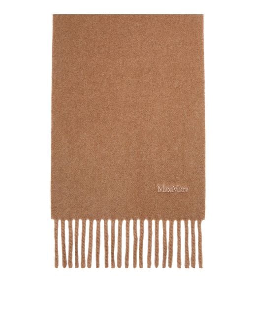 Max Mara Brown Wool Fringed Logo Scarf