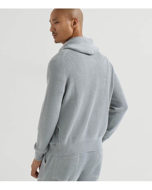 Brunello Cucinelli Gray Cotton Ribbed Zip-Up Hoodie for men