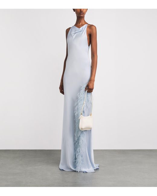 LAPOINTE White Satin Feather-Trim Halterneck Gown