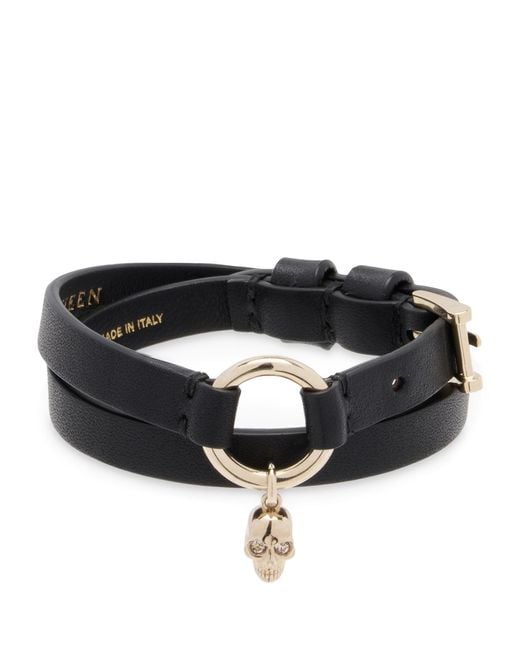McQueen Black Leather Skull Ring Double Wrap Bracelet for men